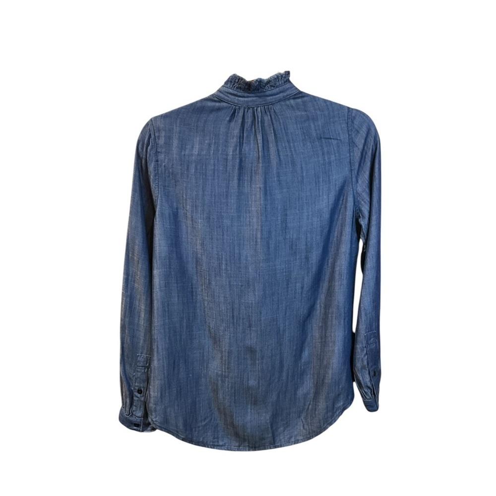 Gap Raw Hem Ruffle Neck Denim Shirt Size XS Collegiate Preppy Classic - Picture 5 of 6
